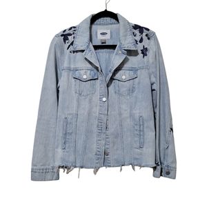 Old Navy Light Blue Denim Jacket with Floral Embroidery and Raw Hem | Size L